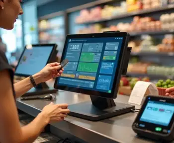 Operador de caixa de supermercado usando PDV com TEF em pinpad integrado