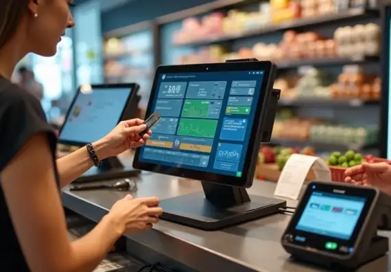 Operador de caixa de supermercado usando PDV com TEF em pinpad integrado