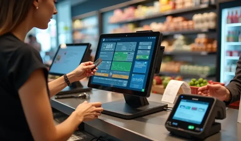Operador de caixa de supermercado usando PDV com TEF em pinpad integrado