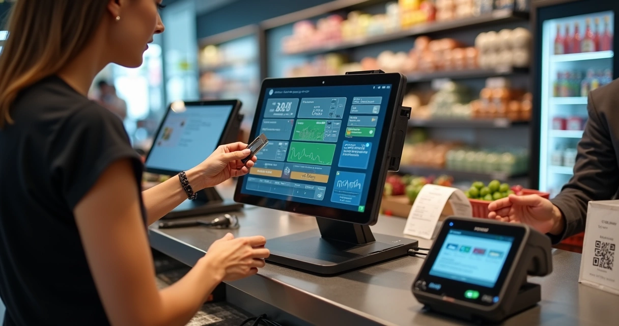 Operador de caixa de supermercado usando PDV com TEF em pinpad integrado