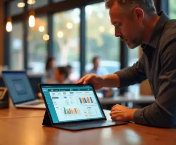 Gestor analisando tablet com dashboard de PDV integrado em restaurante moderno