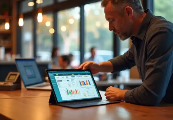 Gestor analisando tablet com dashboard de PDV integrado em restaurante moderno