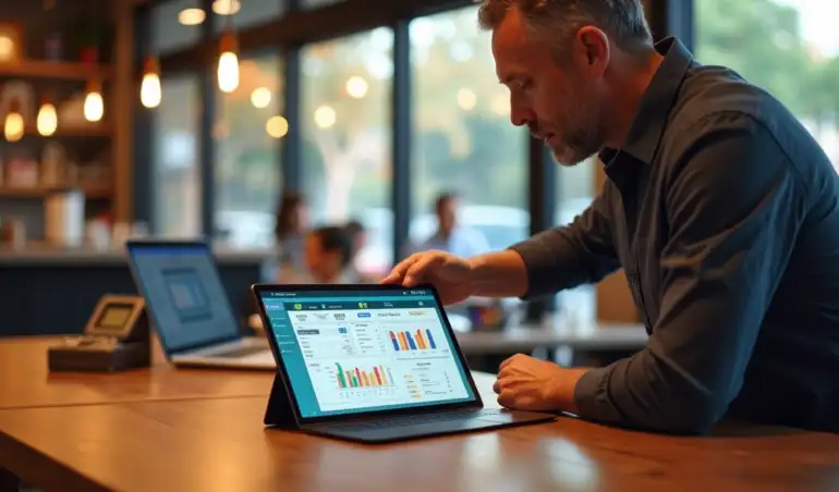 Gestor analisando tablet com dashboard de PDV integrado em restaurante moderno