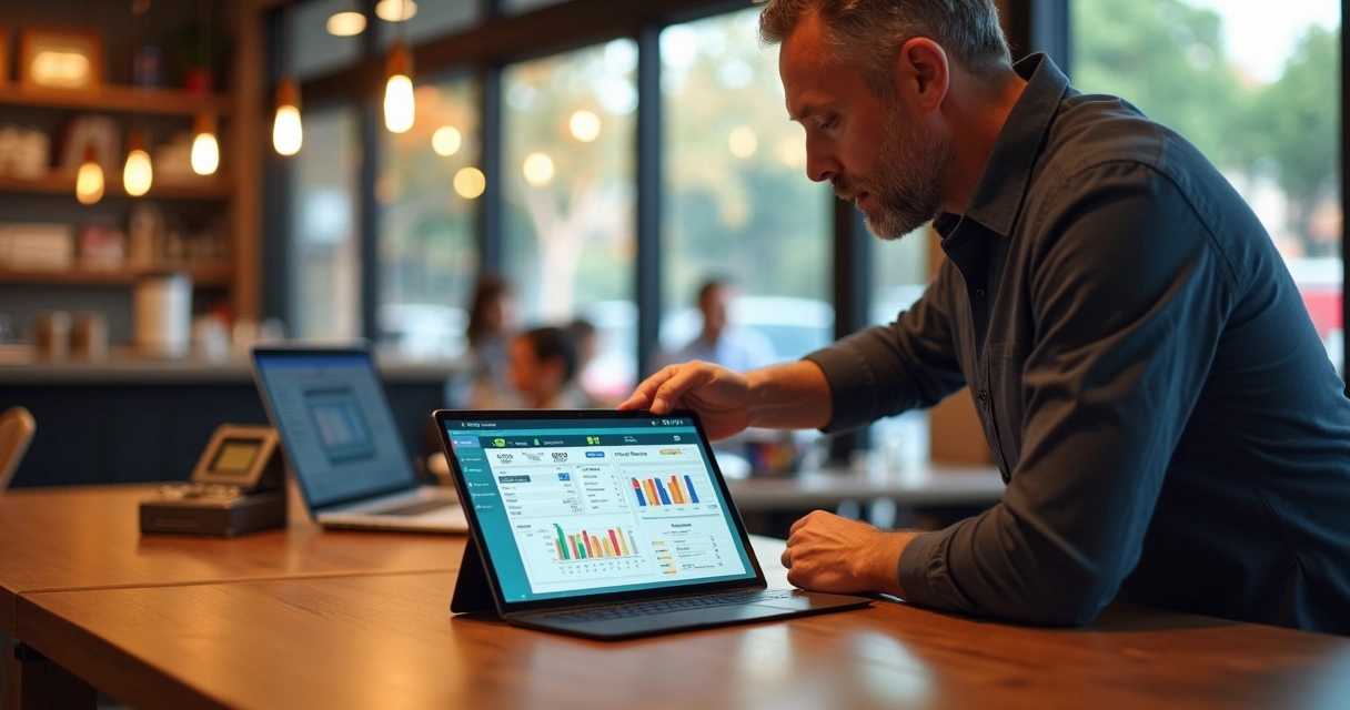 Gestor analisando tablet com dashboard de PDV integrado em restaurante moderno