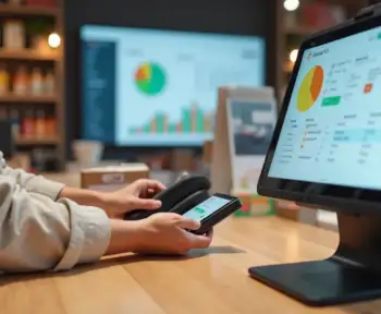 Vendedor usando máquina smart com PDV no balcão de loja acompanhando painel de vendas em tela ao fundo