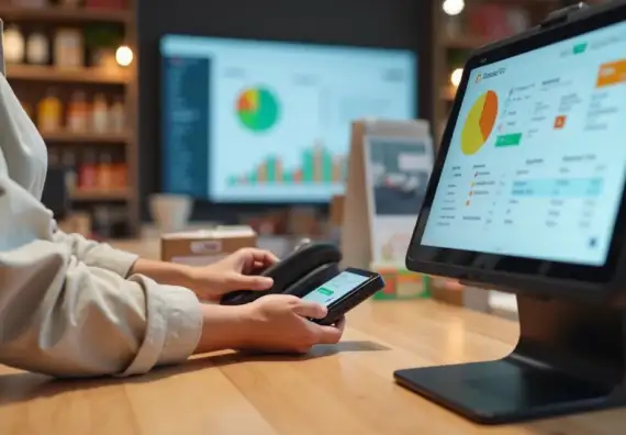 Vendedor usando máquina smart com PDV no balcão de loja acompanhando painel de vendas em tela ao fundo