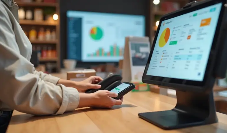 Vendedor usando máquina smart com PDV no balcão de loja acompanhando painel de vendas em tela ao fundo