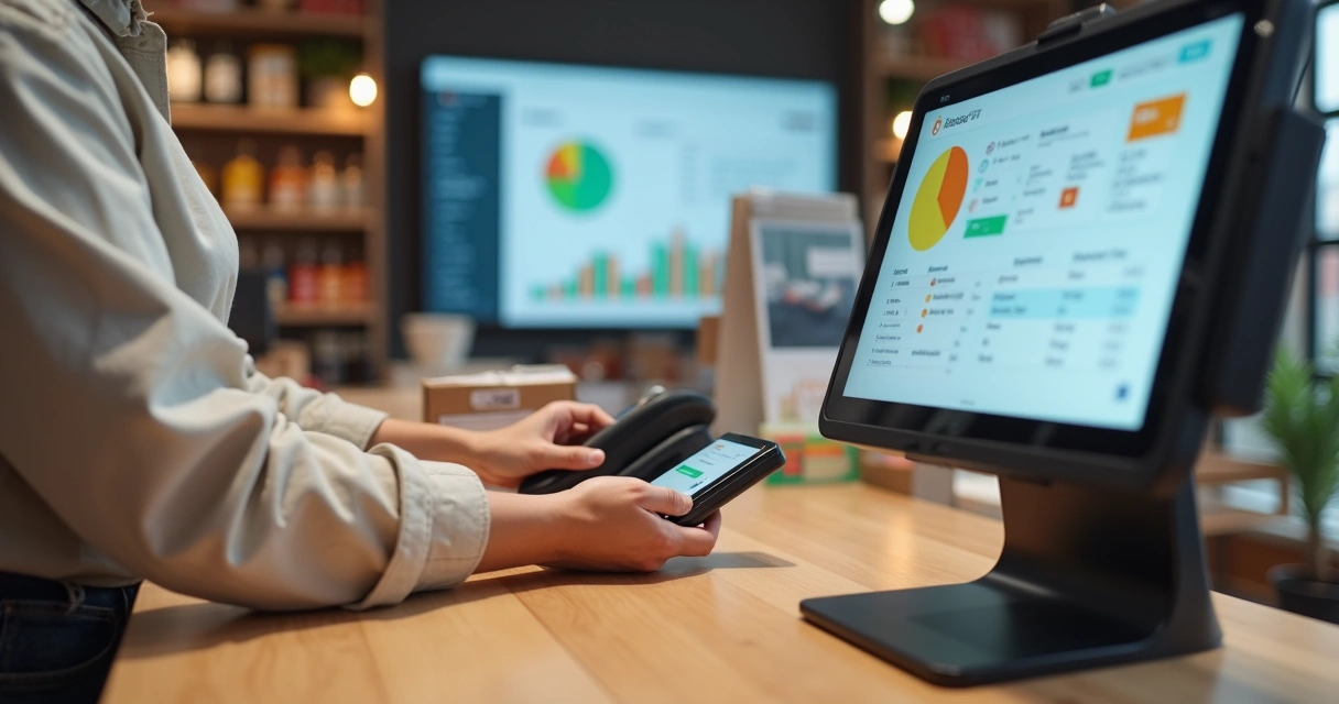 Vendedor usando máquina smart com PDV no balcão de loja acompanhando painel de vendas em tela ao fundo