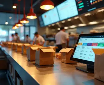 Cozinha de restaurante com painel digital integrando pedidos de delivery e gestão ERP