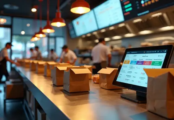 Cozinha de restaurante com painel digital integrando pedidos de delivery e gestão ERP