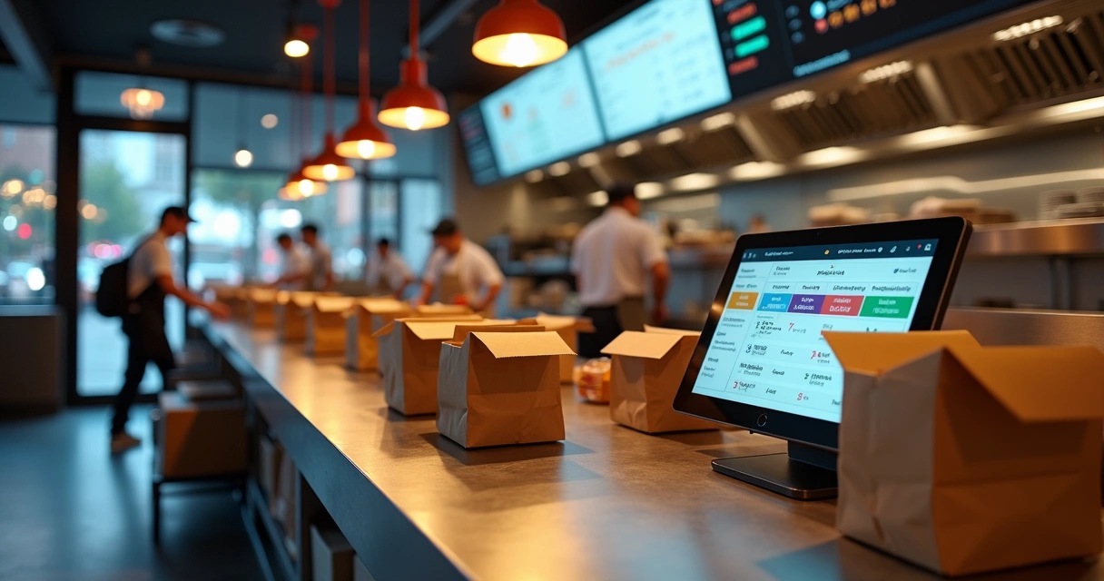 Cozinha de restaurante com painel digital integrando pedidos de delivery e gestão ERP
