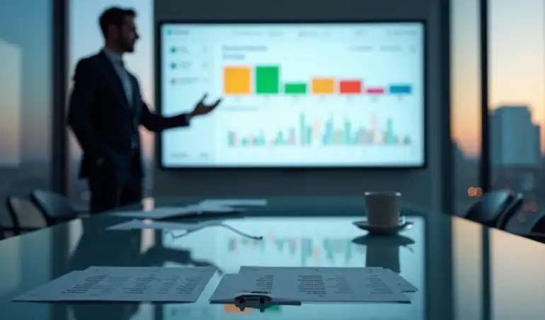 Gestor analisando painel digital com diversos boletos bancários organizados