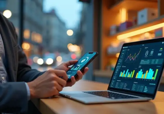 Gestor de loja conferindo pagamentos integrados em painel de conta digital