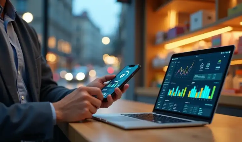 Gestor de loja conferindo pagamentos integrados em painel de conta digital