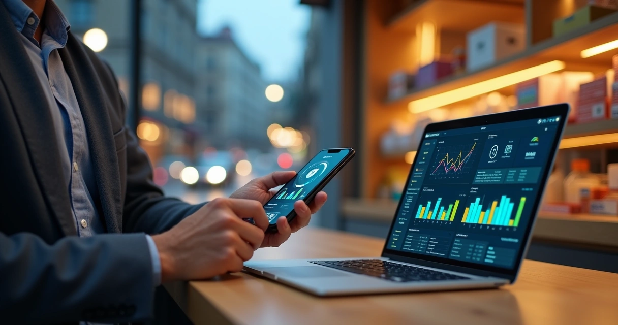 Gestor de loja conferindo pagamentos integrados em painel de conta digital