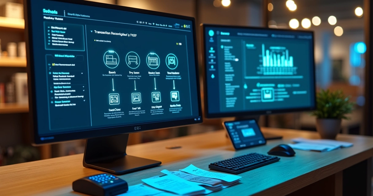 Tela de ERP exibindo integração de pagamentos TEF com cartões e recibos digitais