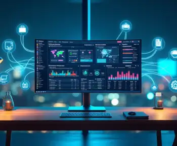 Conexões em nuvem ligando sistema de gestão a vários ícones de aplicativos de negócio