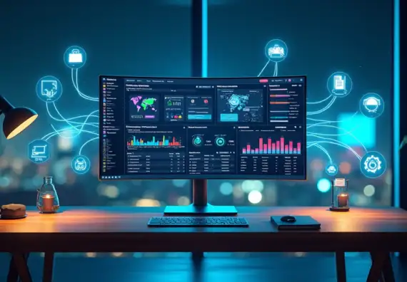 Conexões em nuvem ligando sistema de gestão a vários ícones de aplicativos de negócio