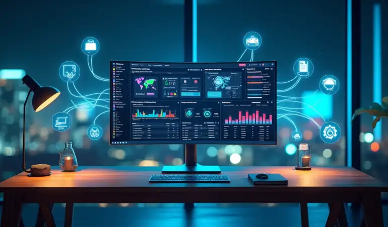 Conexões em nuvem ligando sistema de gestão a vários ícones de aplicativos de negócio