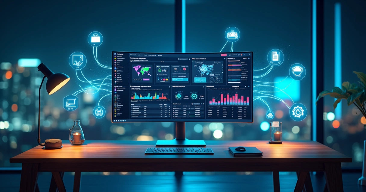 Conexões em nuvem ligando sistema de gestão a vários ícones de aplicativos de negócio