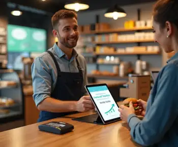 Atendente mostrando oferta de combo premium em tablet para cliente no caixa