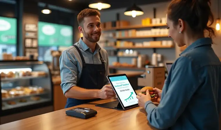 Atendente mostrando oferta de combo premium em tablet para cliente no caixa