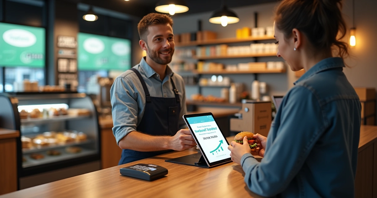 Atendente mostrando oferta de combo premium em tablet para cliente no caixa