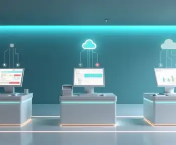 Ilustração comparando pdv online, offline e híbrido em três estações distintas