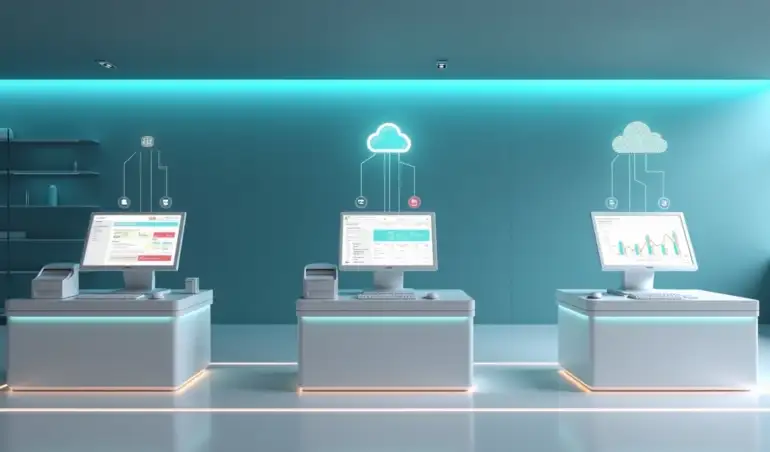 Ilustração comparando pdv online, offline e híbrido em três estações distintas