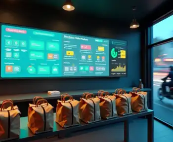 Painel de PDV Smart mostrando pedidos de delivery e programa de pontos em tela gigante de loja