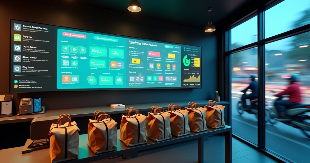 Painel de PDV Smart mostrando pedidos de delivery e programa de pontos em tela gigante de loja