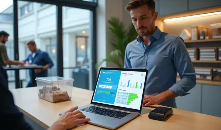Consultor em oficina de serviços controlando estoque em sistema de PDV num notebook