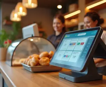 Caixa de padaria usando máquina smart como PDV no balcão