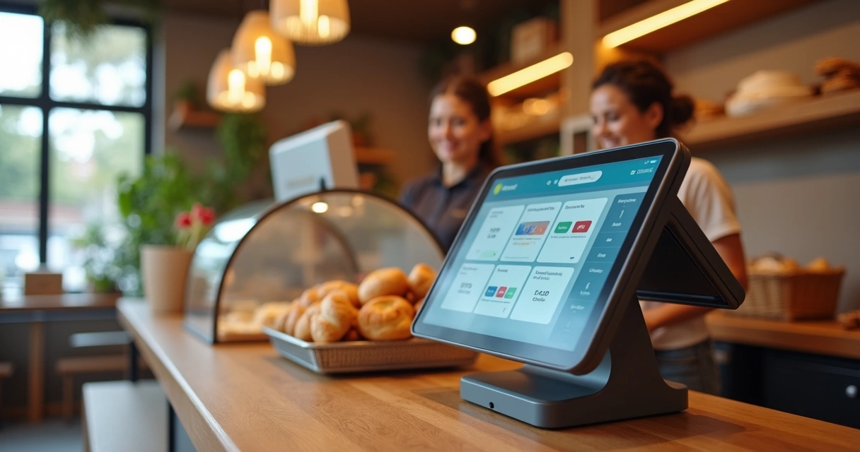 Caixa de padaria usando máquina smart como PDV no balcão