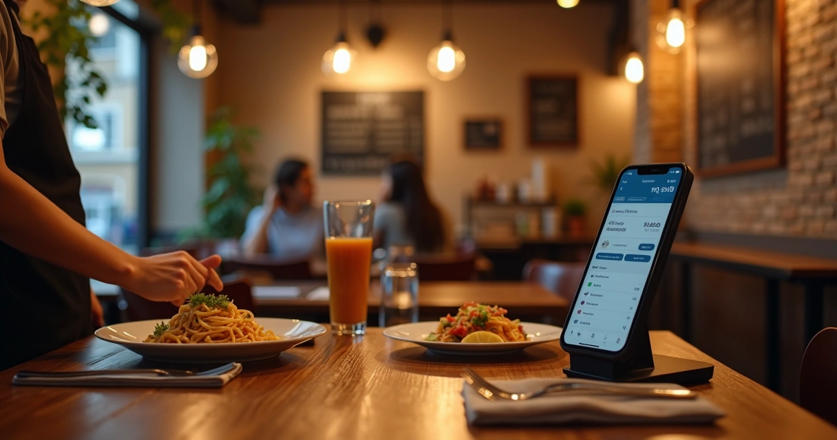 Mesa de pequeno restaurante com garçom usando PDV smart compacto